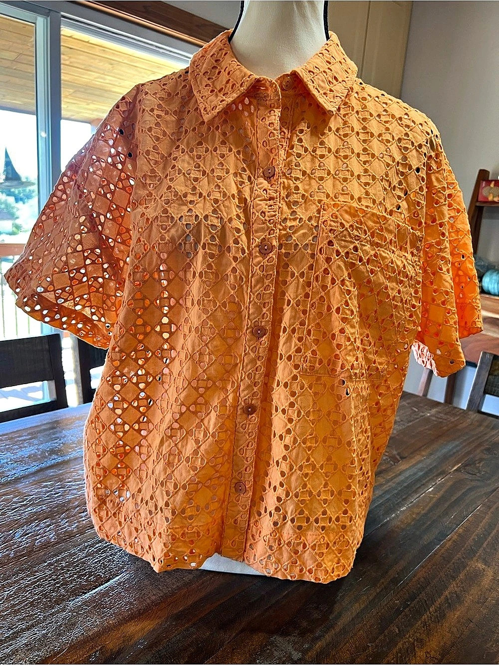 Marbled Cotton Eyelet Button Down Shirt Orange Large NWT